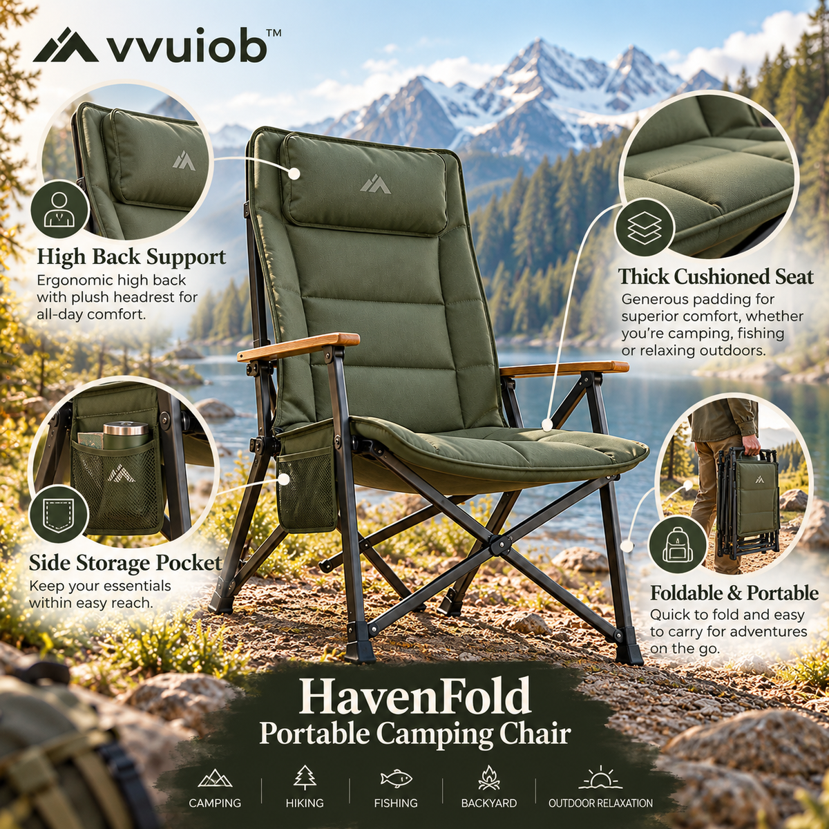 vvuiob™ HavenFold Portable Padded Camping Chair – Foldable Outdoor Lounge Chair for Campsites, Picnics & Backyard Relaxing