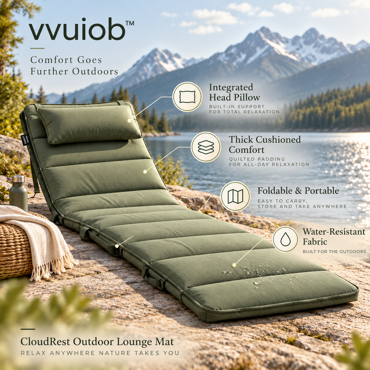 vvuiob™ CloudRest Outdoor Lounge Mat – Portable Cushioned Picnic & Camping Relaxation Pad