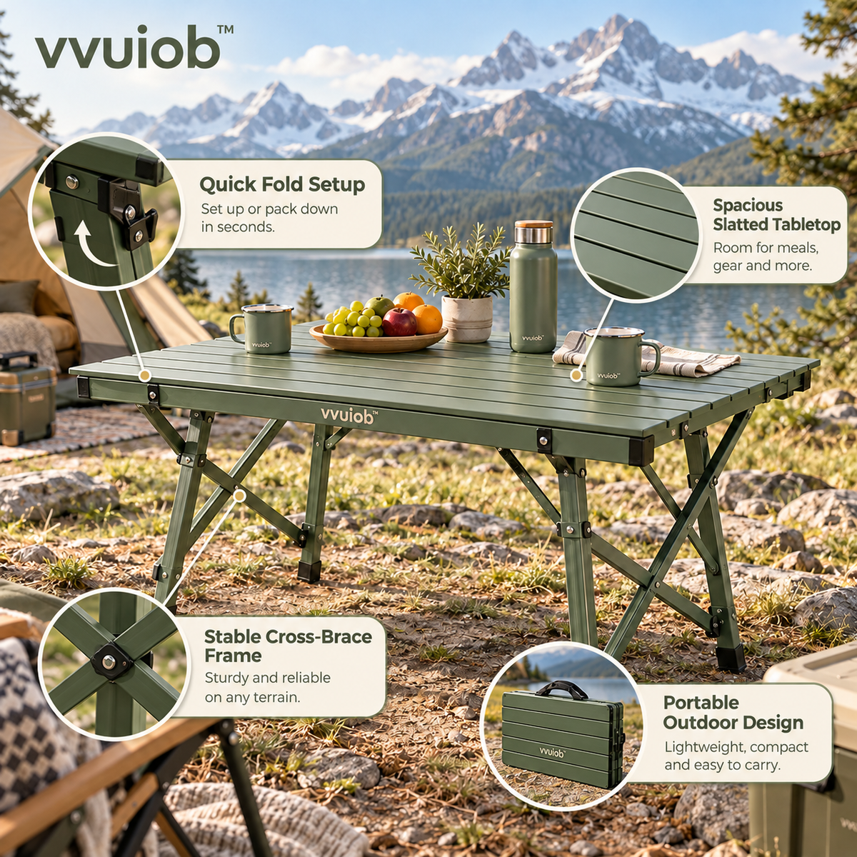 vvuiob™ MeadowFold Folding Picnic Table – Portable Slatted Outdoor Camping Table for Picnics & Tailgates