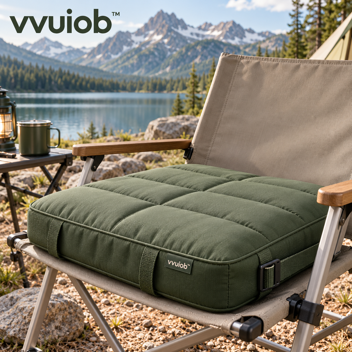vvuiob™ CozyCamp Portable Seat Cushion – Padded Outdoor Camping Chair Cushion with Adjustable Securing Strap