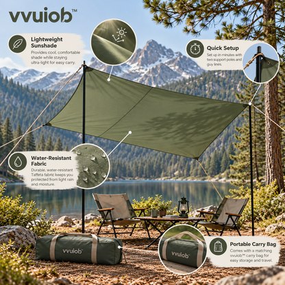 vvuiob™ BreezeShade Lightweight Sunshade Tarp – Portable Camping Shade Tarp Canopy with Tie-Out Lines for Beach & Campsite