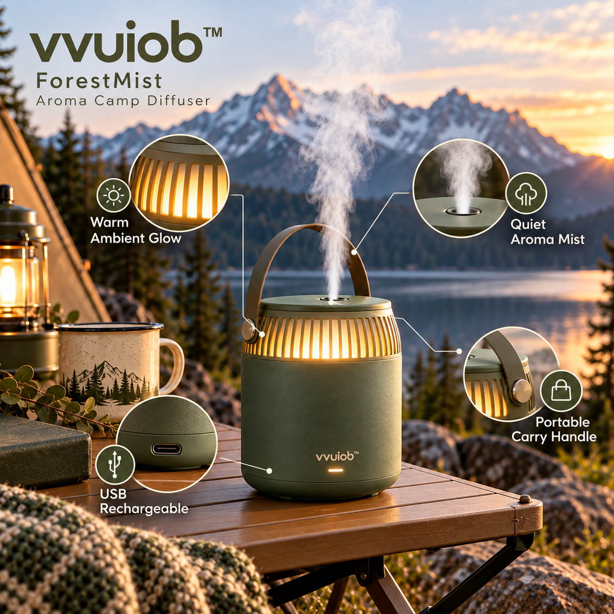 vvuiob™ ForestMist Portable Aroma Diffuser – Compact Outdoor-Style USB Aroma Mist Diffuser with Warm Ambient Light